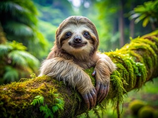 Naklejka premium Adorable Sloth Hanging on Branch, Relaxed Wildlife, Fluffy Fur, Slow Living