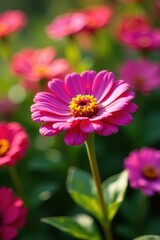 Obraz premium Vibrant pink zinnia blooms in sunny summer flowerbed , texture, botanical, wildlife