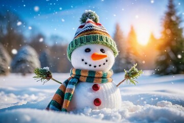 Obraz premium Adorable Snowman in Winter Wonderland: Candid Snow Scene Stock Photo