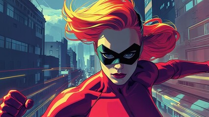 A powerful woman superhero character showcases resilience with striking red and blue attire