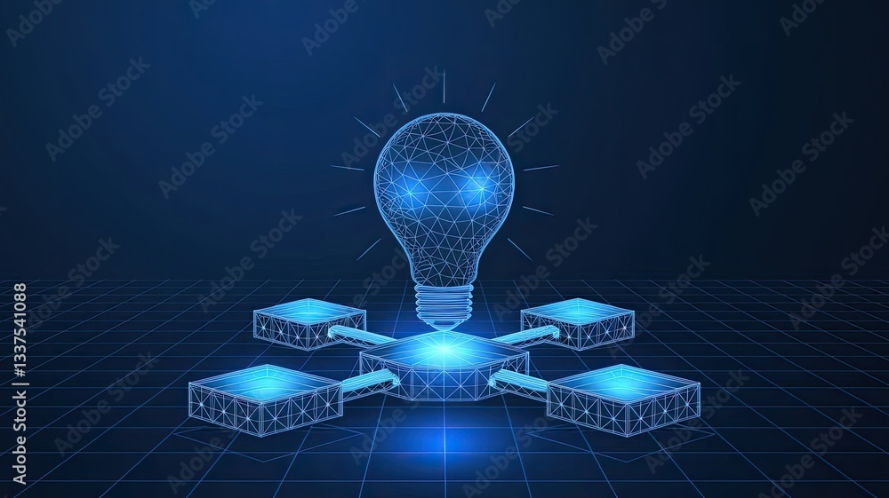 Poster abstract linked blocks and digital light bulb on technology blue background. blockchain idea concept