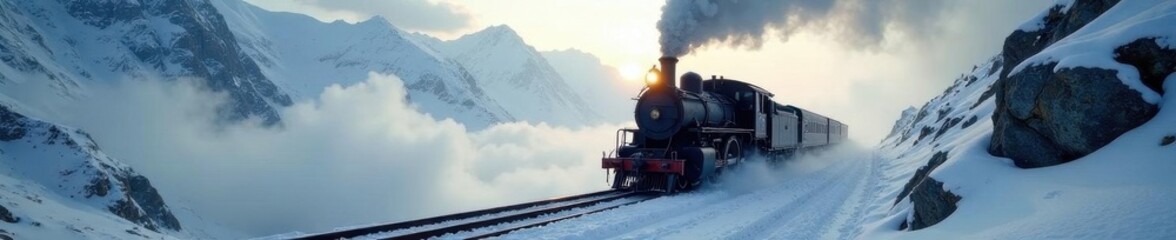 Ancient steam engine chugs through snowy mountain pass, sunlight piercing fog , image, light