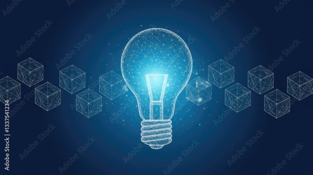 Poster abstract linked blocks and digital light bulb on technology blue background. blockchain idea concept