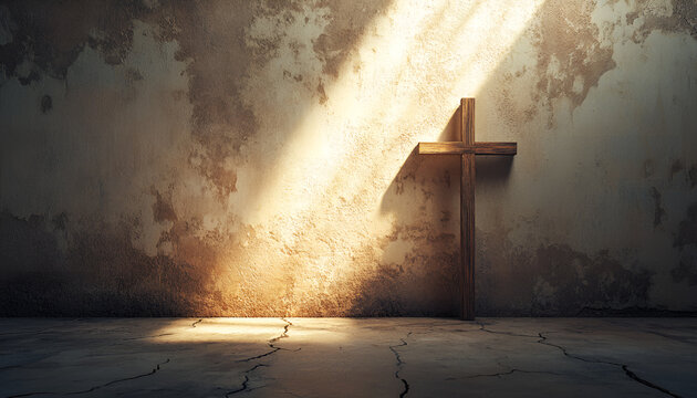Ash Wednesday. Watercolor Illustration of a Wooden Cross in Sunlit Room. Concept of Faith, Spiritual Reflection - Powered by Adobe