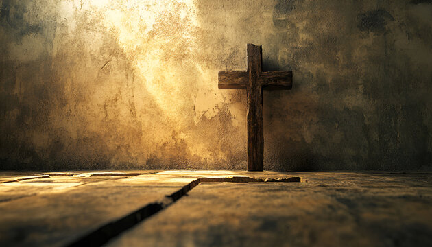 Ash Wednesday. Watercolor Illustration of a Wooden Cross in Sunlit Room. Concept of Faith, Spiritual Reflection