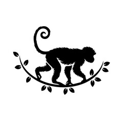 This is a black-and-white vector illustration of a monkey walking on a curved tree branch with leaves. The monkey has a curled tail, giving the design an artistic and stylized appearance.







