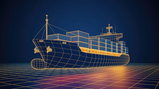 Abstract low poly 3d cargo ship isolated in dark blue background. Container ships, transportation, logistics or international shipping concept. Digital vector mesh illustration looks like starry sky 