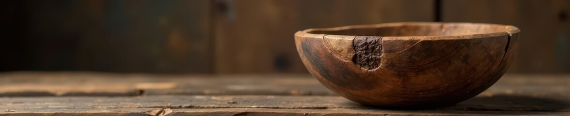 Ancient, single-piece wooden bowl; rustic, weathered texture, detail, texture