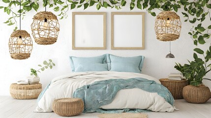 Modern Bedroom Interior Design with Natural Decor and Pendant Lighting Surrounded by Greenery