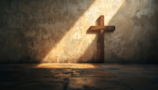 Ash Wednesday. Watercolor Illustration of a Wooden Cross in Sunlit Room. Concept of Faith, Spiritual Reflection