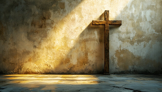 Ash Wednesday. Watercolor Illustration of a Wooden Cross in Sunlit Room. Concept of Faith, Spiritual Reflection