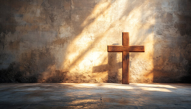 Ash Wednesday. Watercolor Illustration of a Wooden Cross in Sunlit Room. Concept of Faith, Spiritual Reflection