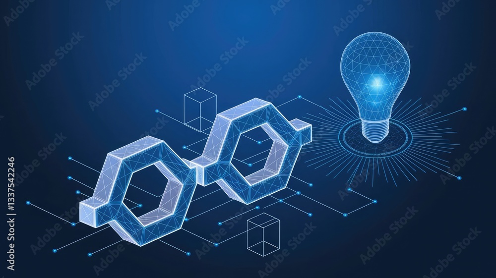 Poster abstract linked blocks and digital light bulb on technology blue background. blockchain idea concept