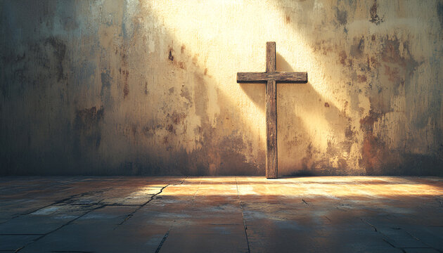Ash Wednesday. Watercolor Illustration of a Wooden Cross in Sunlit Room. Concept of Faith, Spiritual Reflection