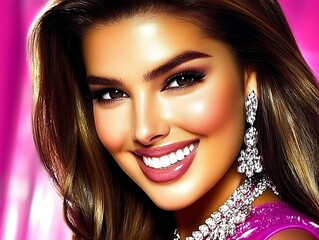 Fototapeta premium Glamorous Woman Smiling for Pink Background.