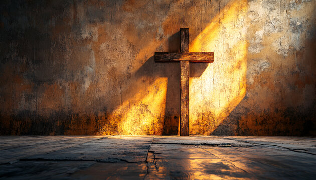 Ash Wednesday. Watercolor Illustration of a Wooden Cross in Sunlit Room. Concept of Faith, Spiritual Reflection