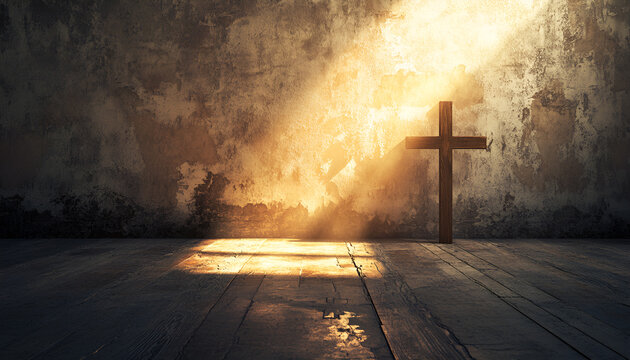 Ash Wednesday. Watercolor Illustration of a Wooden Cross in Sunlit Room. Concept of Faith, Spiritual Reflection
