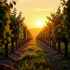 Naklejka premium Golden sun setting behind rows of pistachio trees in orchard, sunset, nature