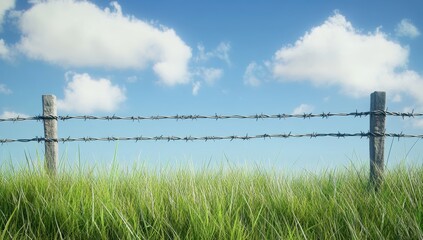 Barbed wire fence in a grassy field under a bright blue sky.