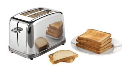 A shiny toaster with bread slices on a white plate and some slices near the toaster on black backdropisolated on transparent background	