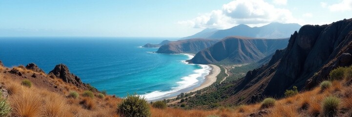 Volcanic rock formations, sparse vegetation, dramatic coastline, adventure, cliff, travel