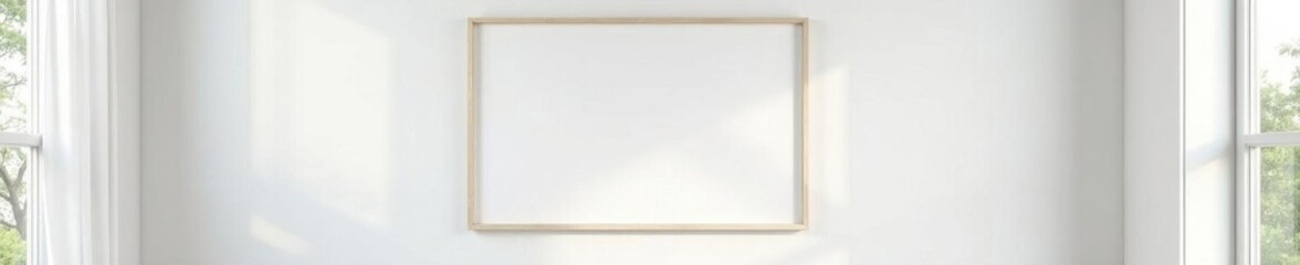 Blank white wooden frame on white wall Minimalist interior design , design, mockup, wall art