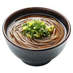 A Bowl of Japanese Soba Buckwheat Noodles in Soup Isolated on Transparent Background