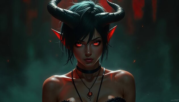 Female demon with horns and glowing red eyes in dark fantasy setting. Mysterious creature portrait for game character design, book cover, or Halloween concept art
