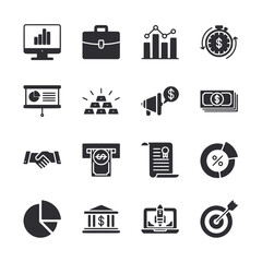 A set of business icons including a briefcase, a sign, a dollar sign