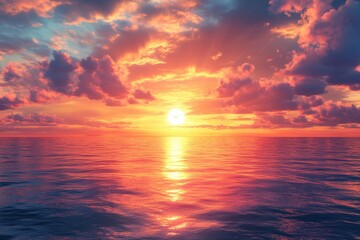 Obraz premium Stunning sunset over calm ocean with vibrant sky and scattered clouds.