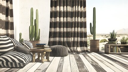 Stylish Modern Interior Design Featuring Striped Textiles and Cacti in Bright Natural Light