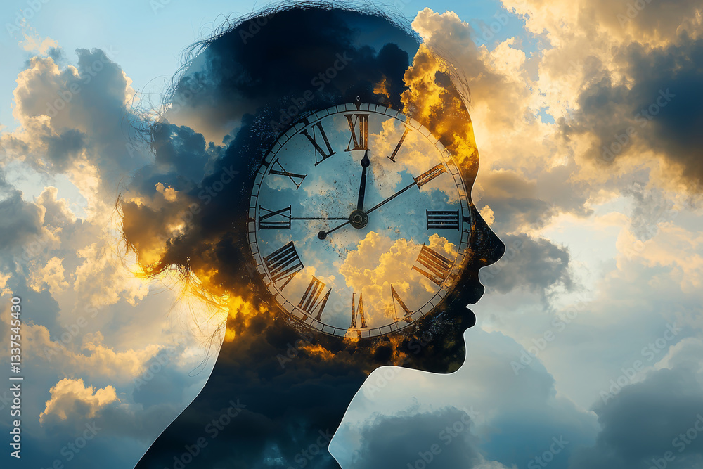 Poster double exposure image featuring person silhouette with clock and clouds, symbolizing passage of time