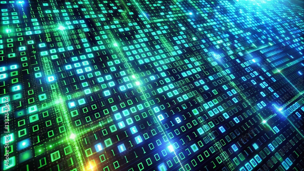 Aufkleber aerial view: binary code on digital screen, green and blue grid