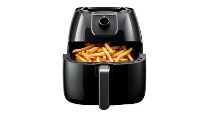 Close up of a black air fryer filled with golden brown french fries on a black backgroundisolated on transparent background	