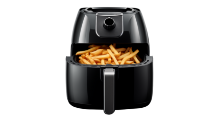 Close up of a black air fryer filled with golden brown french fries on a black backgroundisolated on transparent background	