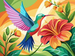 vector of  Hummingbird flying next to beautiful flower