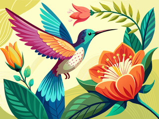 vector of  Hummingbird flying next to beautiful flower