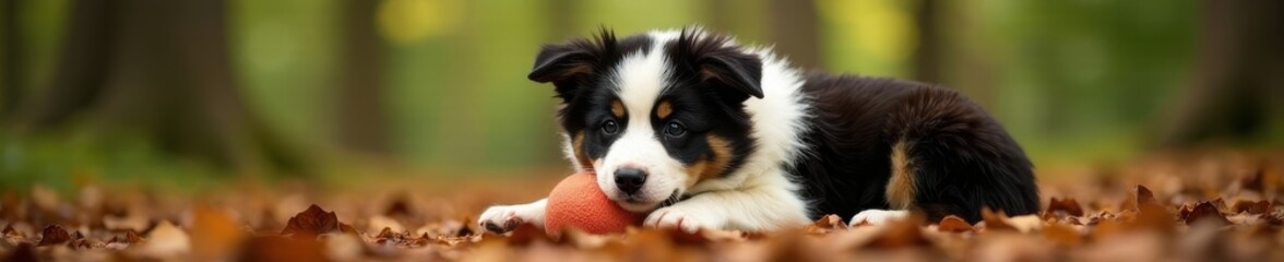 Fototapeta premium Fluffy Border Collie puppy rests, ball nestled close, forest background, headshot, dog photography, adorable puppy