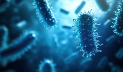 3D rendering of bacteria in a blue-toned microscopic environment.