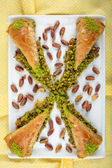 Turkish baklava desserts (carrot baklava). Turkish Havuc Dilim Baklava with pistachio. Carrot Slice...