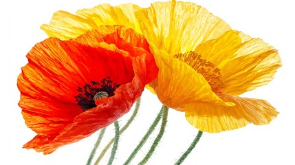 Vibrant Red And Yellow Poppy Flowers In Bloom Against A Bright White Background