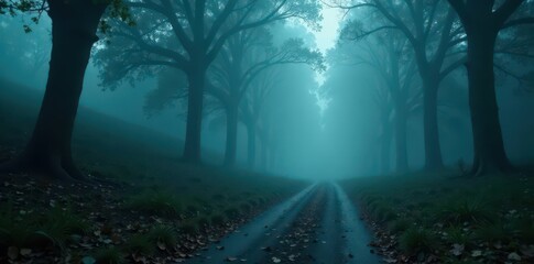 Naklejka premium Mysterious path winds through dense fog, unseen destination , spooky, woods, texture
