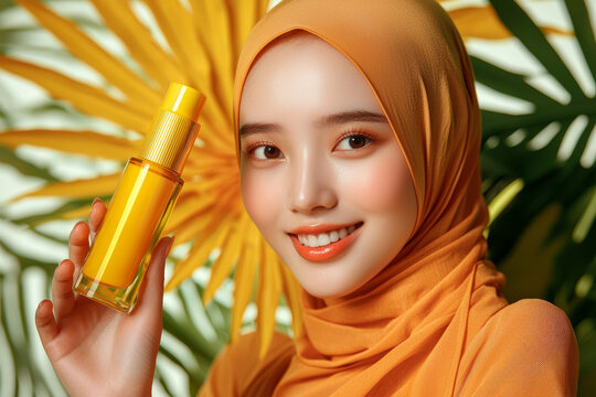 young woman in vibrant orange hijab holds yellow skincare bottle, smiling against backdrop of tropical leaves. image radiates warmth and freshness