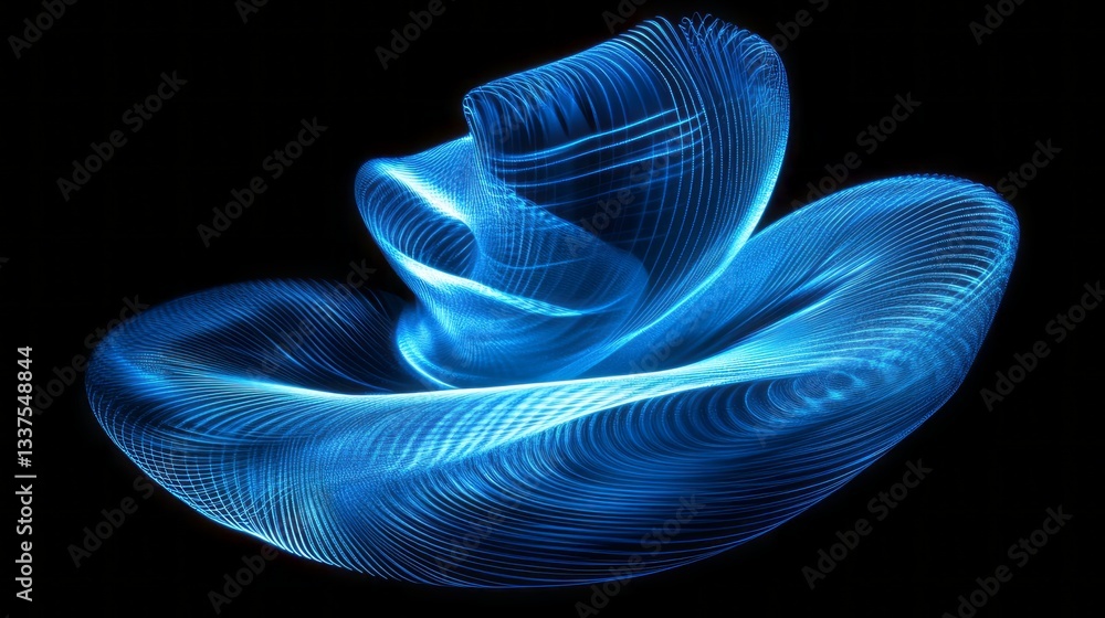 Poster futuristic abstract blue light streaks on black background with glowing fractal graphics and motion 