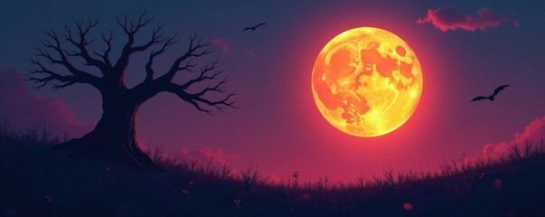 Fototapeta premium Silhouetted dead tree against full moon, spooky Halloween night , halloween, night, silhouette