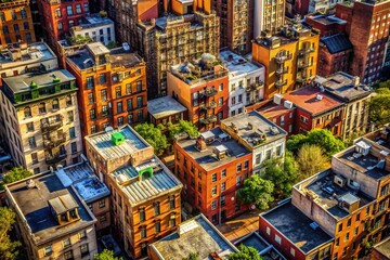 Naklejka premium Aerial View Manhattan Architecture: Skyscrapers, Brownstones, and Cityscape Details