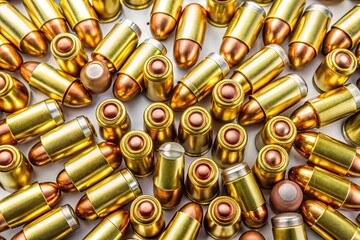 Aerial View of .45 ACP Pistol Ammunition Cartridges on White Background