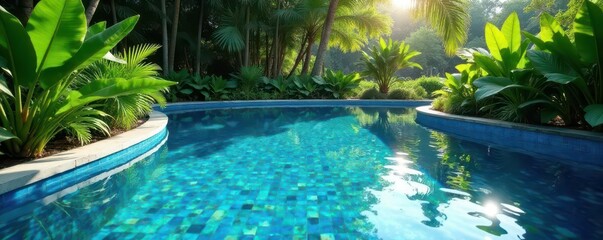 Sparkling azure tiles, abundant greenery surrounds, sunlight reflecting on water , tiles, sun