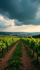 Fototapeta premium Stormy spring sky over Ribera del Duero vineyard, Valladolid, Spain , moody, brown