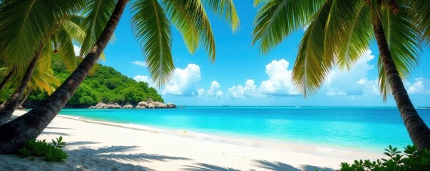 Lush palms framing pristine beach, vibrant blue water, sand, summer landscape, paradise